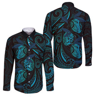 Hawaiian Mango Tribal Tattoo Family Matching Off The Shoulder Long Sleeve Dress and Hawaiian Shirt Teal Pacific Traditional Pattern