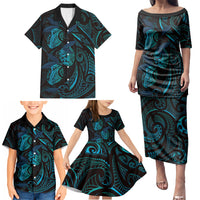 Hawaiian Mango Tribal Tattoo Family Matching Puletasi and Hawaiian Shirt Teal Pacific Traditional Pattern