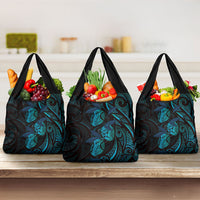 Hawaiian Mango Tribal Tattoo Grocery Bag Teal Pacific Traditional Pattern