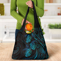 Hawaiian Mango Tribal Tattoo Grocery Bag Teal Pacific Traditional Pattern