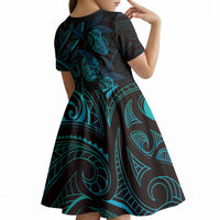 Hawaiian Mango Tribal Tattoo Kid Short Sleeve Dress Teal Pacific Traditional Pattern