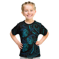 Hawaiian Mango Tribal Tattoo Kid T Shirt Teal Pacific Traditional Pattern