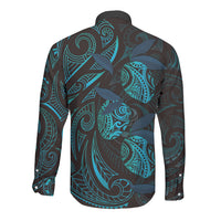 Hawaiian Mango Tribal Tattoo Long Sleeve Button Shirt Teal Pacific Traditional Pattern