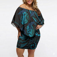 Hawaiian Mango Tribal Tattoo Off Shoulder Short Dress Teal Pacific Traditional Pattern