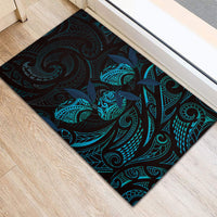 Hawaiian Mango Tribal Tattoo Rubber Doormat Teal Pacific Traditional Pattern