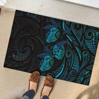 Hawaiian Mango Tribal Tattoo Rubber Doormat Teal Pacific Traditional Pattern