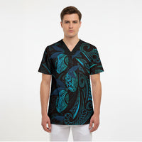 Hawaiian Mango Tribal Tattoo Scrub Top Teal Pacific Traditional Pattern