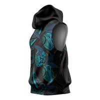 Hawaiian Mango Tribal Tattoo Sleeveless Hoodie Teal Pacific Traditional Pattern