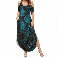 Hawaiian Mango Tribal Tattoo Summer Maxi Dress Teal Pacific Traditional Pattern