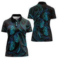 Hawaiian Mango Tribal Tattoo Women Polo Shirt Teal Pacific Traditional Pattern