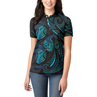 Hawaiian Mango Tribal Tattoo Women Polo Shirt Teal Pacific Traditional Pattern