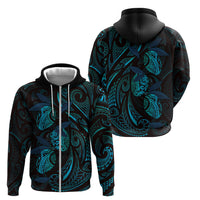 Hawaiian Mango Tribal Tattoo Zip Hoodie Teal Pacific Traditional Pattern