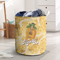 Hawaiian Mango Ukulele Laundry Basket Retro Yellow Hibiscus Pikake Lei