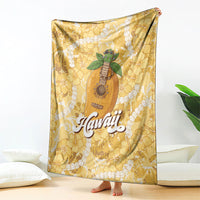 Hawaiian Mango Ukulele Blanket Retro Yellow Hibiscus Pikake Lei