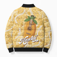 Hawaiian Mango Ukulele Bomber Puffer Jacket Retro Yellow Hibiscus Pikake Lei