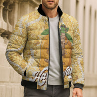 Hawaiian Mango Ukulele Bomber Puffer Jacket Retro Yellow Hibiscus Pikake Lei