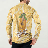 Hawaiian Mango Ukulele Button Sweatshirt Retro Yellow Hibiscus Pikake Lei
