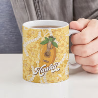 Hawaiian Mango Ukulele Ceramic Mug Retro Yellow Hibiscus Pikake Lei