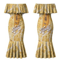 Hawaiian Mango Ukulele Couples Matching Mermaid Dress and Hawaiian Shirt Retro Yellow Hibiscus Pikake Lei