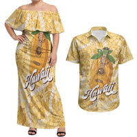 Hawaiian Mango Ukulele Couples Matching Off Shoulder Maxi Dress and Hawaiian Shirt Retro Yellow Hibiscus Pikake Lei