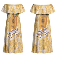 Hawaiian Mango Ukulele Couples Matching Off Shoulder Maxi Dress and Hawaiian Shirt Retro Yellow Hibiscus Pikake Lei