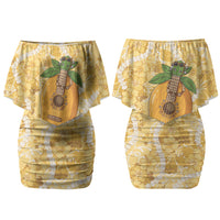 Hawaiian Mango Ukulele Couples Matching Off Shoulder Short Dress and Hawaiian Shirt Retro Yellow Hibiscus Pikake Lei