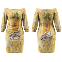 Hawaiian Mango Ukulele Couples Matching Off The Shoulder Long Sleeve Dress and Long Sleeve Button Shirt Retro Yellow Hibiscus Pikake Lei