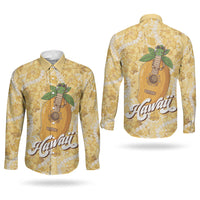 Hawaiian Mango Ukulele Couples Matching Short Sleeve Bodycon Dress and Long Sleeve Button Shirt Retro Yellow Hibiscus Pikake Lei