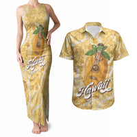 Hawaiian Mango Ukulele Couples Matching Tank Maxi Dress and Hawaiian Shirt Retro Yellow Hibiscus Pikake Lei