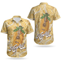 Hawaiian Mango Ukulele Couples Matching Tank Maxi Dress and Hawaiian Shirt Retro Yellow Hibiscus Pikake Lei