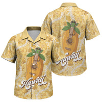 Hawaiian Mango Ukulele Family Matching Long Sleeve Bodycon Dress and Hawaiian Shirt Retro Yellow Hibiscus Pikake Lei