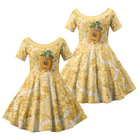 Hawaiian Mango Ukulele Family Matching Off Shoulder Short Dress and Hawaiian Shirt Retro Yellow Hibiscus Pikake Lei