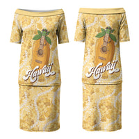 Hawaiian Mango Ukulele Family Matching Puletasi and Hawaiian Shirt Retro Yellow Hibiscus Pikake Lei