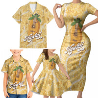 Hawaiian Mango Ukulele Family Matching Short Sleeve Bodycon Dress and Hawaiian Shirt Retro Yellow Hibiscus Pikake Lei