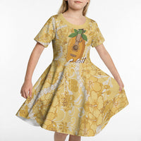 Hawaiian Mango Ukulele Kid Short Sleeve Dress Retro Yellow Hibiscus Pikake Lei