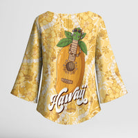 Hawaiian Mango Ukulele Kimono Sleeve Blouse Retro Yellow Hibiscus Pikake Lei