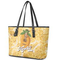 Hawaiian Mango Ukulele Leather Tote Bag Retro Yellow Hibiscus Pikake Lei