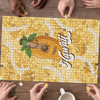 Hawaiian Mango Ukulele Puzzle Retro Yellow Hibiscus Pikake Lei