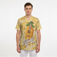 Hawaiian Mango Ukulele Scrub Top Retro Yellow Hibiscus Pikake Lei