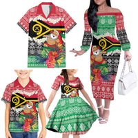 Personalised Vanuatu Joyeux Noel Family Matching Off The Shoulder Long Sleeve Dress and Hawaiian Shirt Proud To Be a Ni-Van Sand Drawing Art - Polynesian Pride