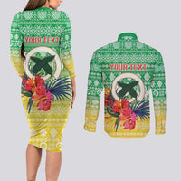 Personalised Malampa Joyeux Noel Couples Matching Long Sleeve Bodycon Dress and Long Sleeve Button Shirt Proud To Be a Ni-Van Sand Drawing Art - Polynesian Pride