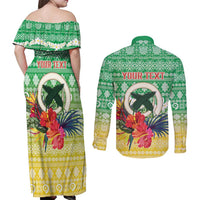 Personalised Malampa Joyeux Noel Couples Matching Off Shoulder Maxi Dress and Long Sleeve Button Shirt Proud To Be a Ni-Van Sand Drawing Art - Polynesian Pride