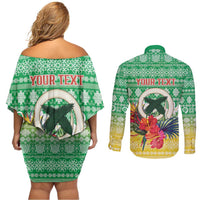 Personalised Malampa Joyeux Noel Couples Matching Off Shoulder Short Dress and Long Sleeve Button Shirt Proud To Be a Ni-Van Sand Drawing Art - Polynesian Pride