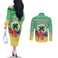Personalised Malampa Joyeux Noel Couples Matching Off The Shoulder Long Sleeve Dress and Long Sleeve Button Shirt Proud To Be a Ni-Van Sand Drawing Art - Polynesian Pride