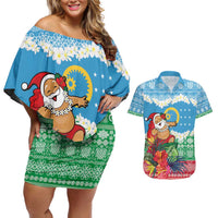 Personalised Sanma Joyeux Noel Couples Matching Off Shoulder Short Dress and Hawaiian Shirt Proud To Be a Ni-Van Sand Drawing Art - Polynesian Pride