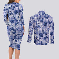 Mokihana Maile Ilima Leis Paniolo Palaka Couples Matching Long Sleeve Bodycon Dress and Long Sleeve Button Shirt Hawaiian Polu Spirit - Polynesian Pride