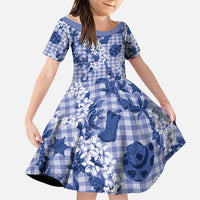 Mokihana Maile Ilima Leis Paniolo Palaka Family Matching Off Shoulder Short Dress and Hawaiian Shirt Hawaiian Polu Spirit LT9 Daughter's Dress Blue - Polynesian Pride
