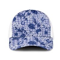 Mokihana Maile Ilima Leis Paniolo Palaka Mesh Trucker Cap Hawaiian Polu Spirit LT9 One Size White Blue - Polynesian Pride