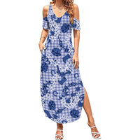 Mokihana Maile Ilima Leis Paniolo Palaka Summer Maxi Dress Hawaiian Polu Spirit LT9 Women Blue - Polynesian Pride