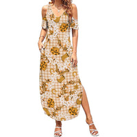 Mokihana Maile Ilima Leis Paniolo Palaka Family Matching Summer Maxi Dress and Hawaiian Shirt Hawaiian Kula Spirit LT9 Gold - Polynesian Pride
